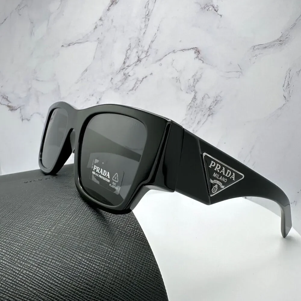 New Prada Sunglasses Black Square Oversized Triangle Plaque Logo Authentic